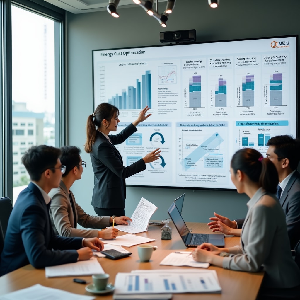Team meeting discussing energy cost optimization strategies