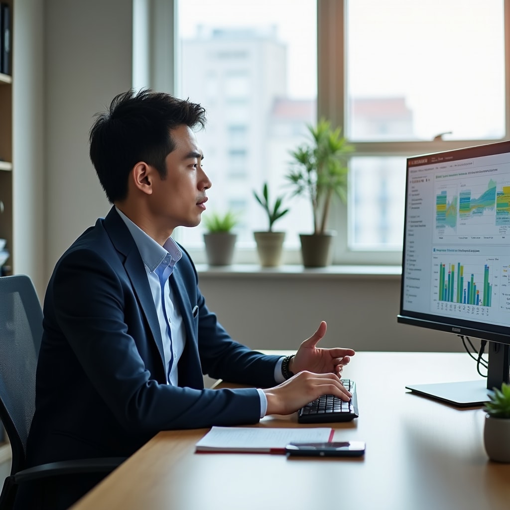 Property manager reviewing energy analytics on computer screen